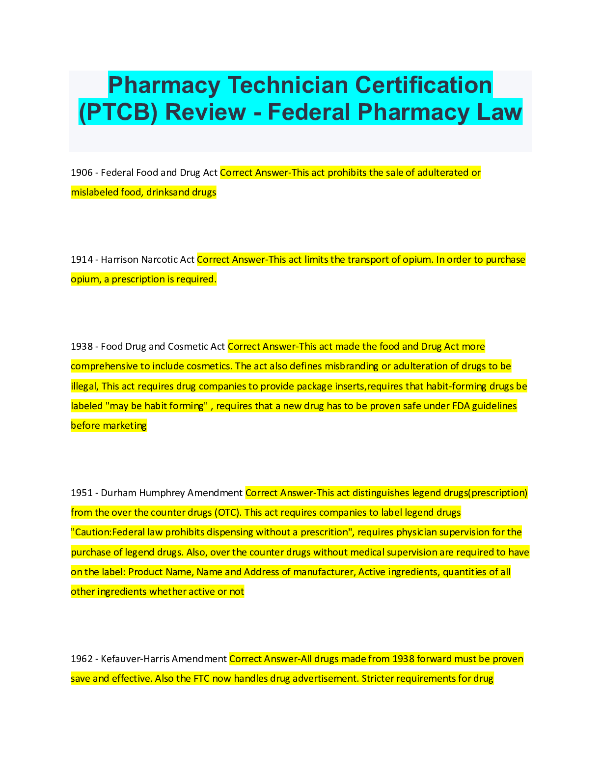 Pharmacy Technician Certification (PTCB) Review Federal Pharmacy Law